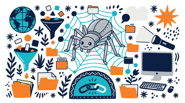 Internet and cyber security design icons with spider, computer and folders for web design in flat colorful style