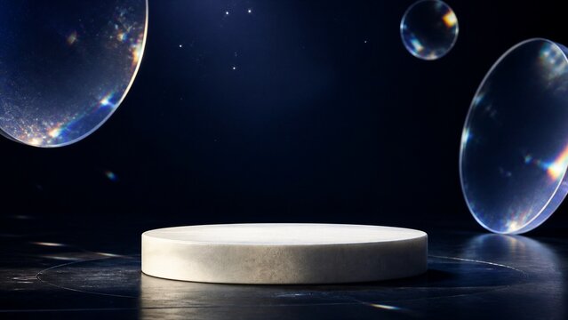 Round white marble podium on dark background with floating glass spheres. Minimalist product display stand. Luxury stage for presentation of cosmetic and jewelry items. Elegant decor