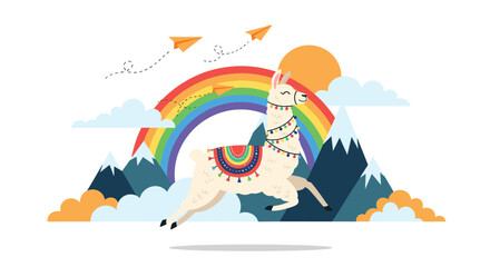 Obraz premium Cheerful white llama wearing a colorful saddle jumping in a mountain landscape with a rainbow and paper planes.