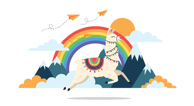Cheerful white llama wearing a colorful saddle jumping in a mountain landscape with a rainbow and paper planes.