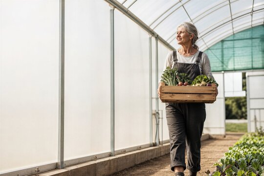 Senior woman gardener carrying wooden crate with fresh organic vegetables in a greenhouse. Sustainable farming and agriculture concept. Local food production and retirement hobby lifestyle