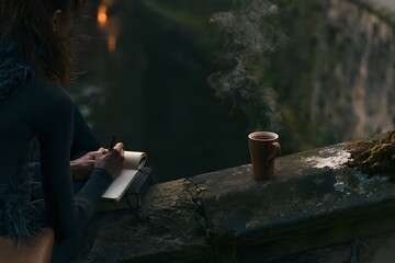 Woman journaling in notebook on stone bridge over canal at dusk © Tharshan