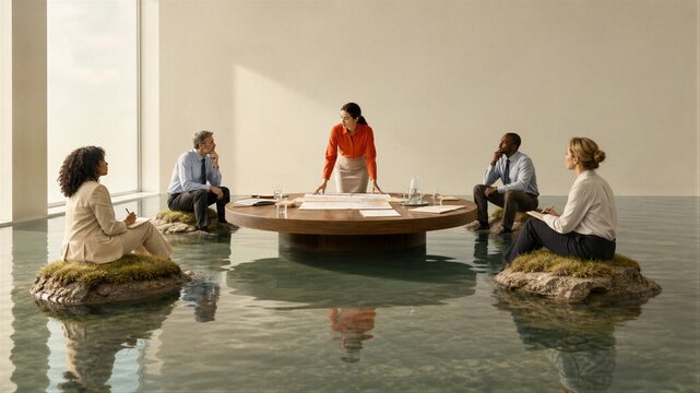 Diverse business team sitting on floating rock islands in water for meeting. Woman leader explaining project plan to group of professionals. Innovative office concept for creative brainstorming