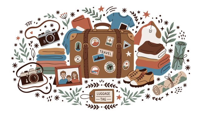 Travel and packing vector icons with suitcase, cameras and clothes for presentation design in colorful illustration