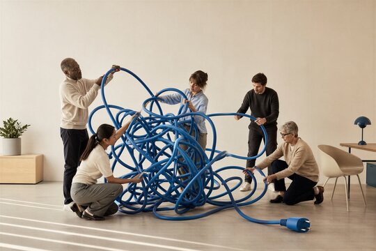 Diverse business team untangling blue cable in modern office. Group of woman and man working together to solve complex problem. Corporate collaboration, teamwork and project challenge concept