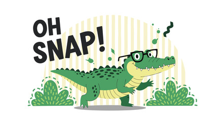 Fototapeta premium Fun cartoon crocodile character wearing black rimmed glasses walking against a striped background with the text oh snap.