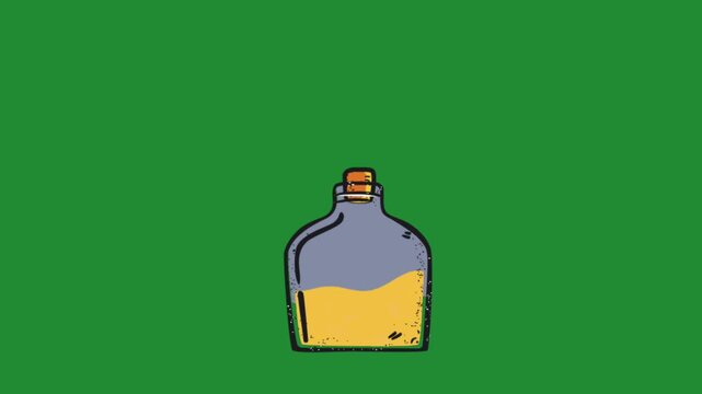 Magic potion bottle cartoon animation with yellow liquid and cork on green screen chroma key background