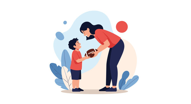Flat vector illustration of a mother handing an american football to her young son in front of soft abstract shapes.