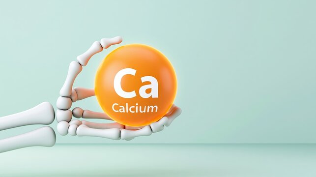 Skeletal hand presenting calcium element sphere for strong bone health and mineral nutrition
