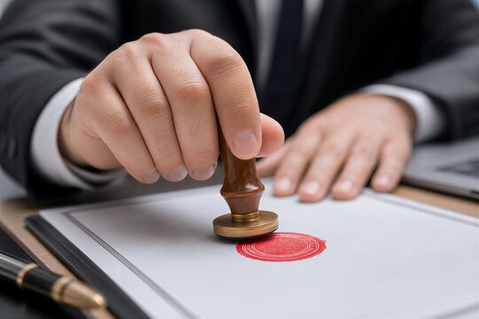 Business contract document stamping with an approval seal, ensuring agreement verification, official paperwork process, legal compliance, and corporate documentation.