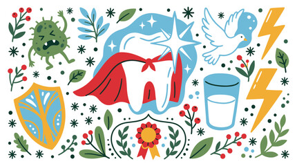 Fototapeta premium Health and protection concept icons with tooth, shield and dove for medical infographic in bright vector illustration