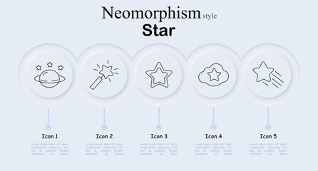 Star set icon. Planetary orbit emblem, magical wand sparkle, outlined celestial badge, cloudy astronomy symbol, shooting comet graphic, neumorphism fantasy decoration. © Anastasia