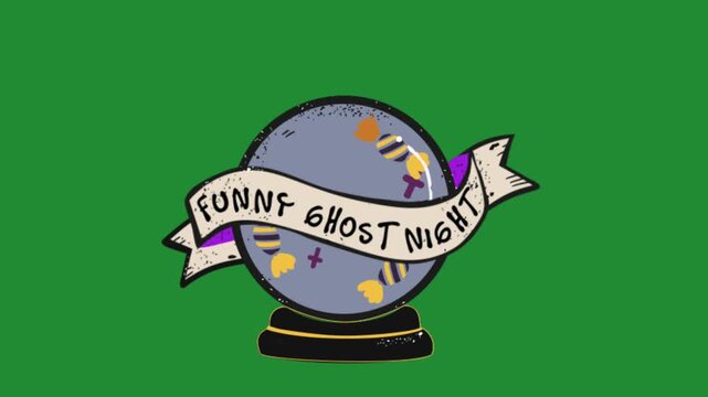 Funny ghost night crystal ball cartoon animation with candy and banner on green screen chroma key background