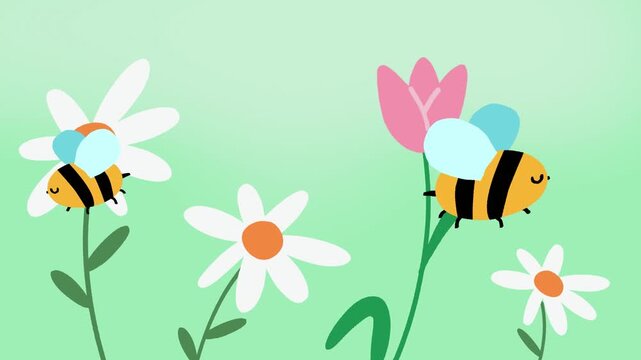 Animation of cartoon bees flying among flowers on a turquoise background.