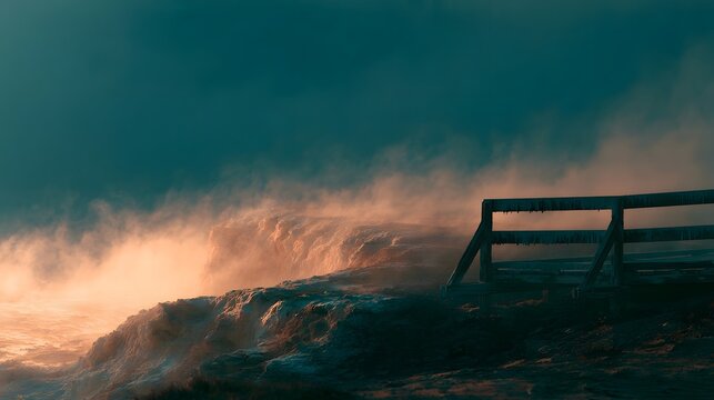 Steam rising from geothermal hot spring terrace at blue hour