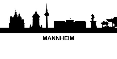 Obraz premium Mannheim Skyline Silhouette with Urban Landmarks – Baden-Württemberg Germany Cityscape Vector Illustration with Text