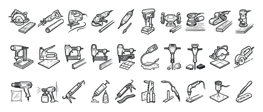 Set of power tools and construction equipment icons for handyman projects and DIY guides