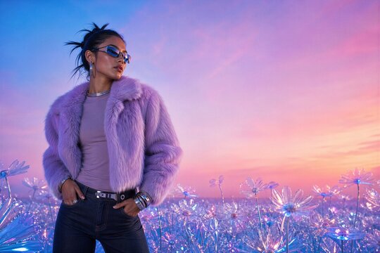 Woman in fashionable faux fur jacket and sunglasses standing in magical field of glowing glass flowers. Futuristic style and dreamlike concept. Vibrant sunset sky background beauty