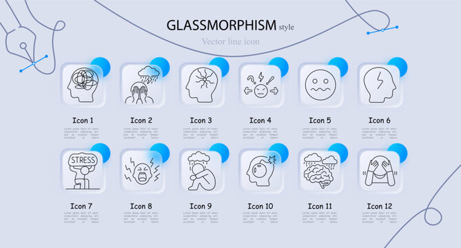 Mental health set icon. Line icons with head silhouette scribble, crying face with rain cloud, cracked head, stressed face with symbols, sad face, empty head, stress text figure, screaming face