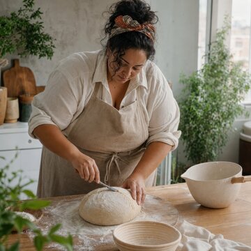 Woman preparing homemade bread dough in a home kitchen with flour and mixing bowls