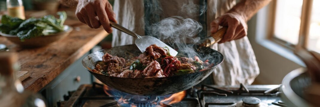 Home chef stir-frying meat and vegetables in a wok on a gas stove