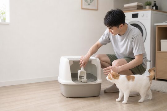 Young man cleaning a cat litter box while his cat watches in a bright home interior