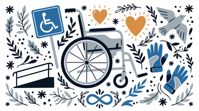 accessibility and disability concept icons with wheelchair, ramp and gloves for infographic in soft colorful illustration style