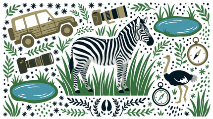 Naklejka premium safari and wildlife concept icons with zebra, jeep and binoculars for nature exploration design in colorful vector art