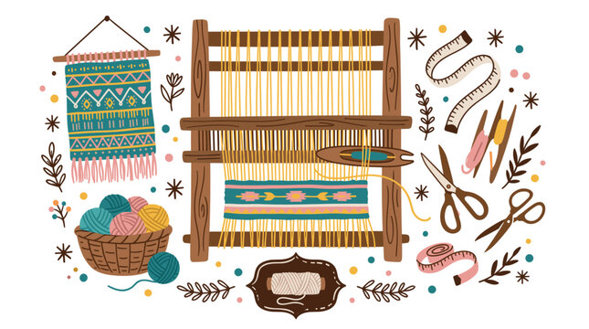 Handicraft and weaving concept icons with loom, yarn balls and scissors for branding design in colorful illustration style