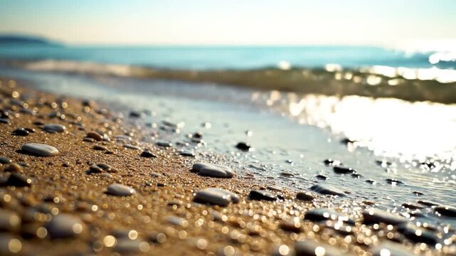 Low-angle view of a sandy beach with small pebbles and the clear ocean waves gently washing ashore on a sunny day