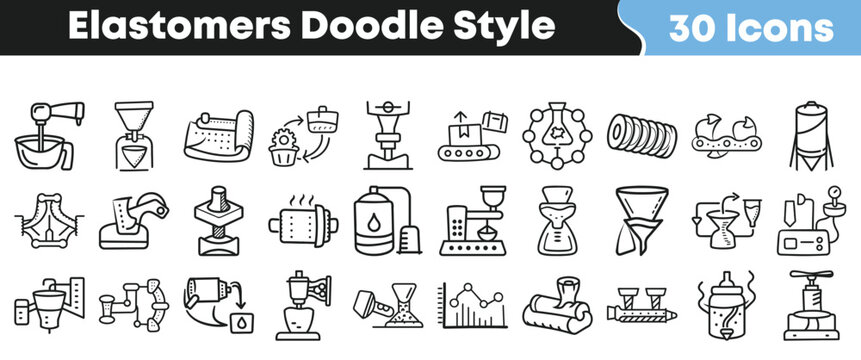 Hand drawn doodle style icons representing industrial elastomer production processes set