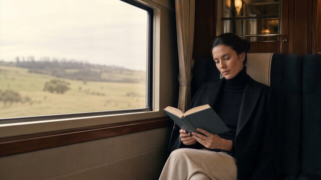 Woman reading a book while sitting in a passenger train carriage. Traveler enjoying a novel during a railway trip. Concept of travel, leisure, relaxation and peaceful tourism journey