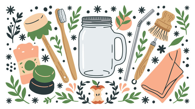 Eco-friendly and zero waste vector icons with bamboo brush, jar and soap for web design in sustainable illustration