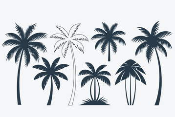Naklejka premium Collection of black palm tree silhouettes in various shapes and designs, perfect for summer vacation and tropical travel layouts.