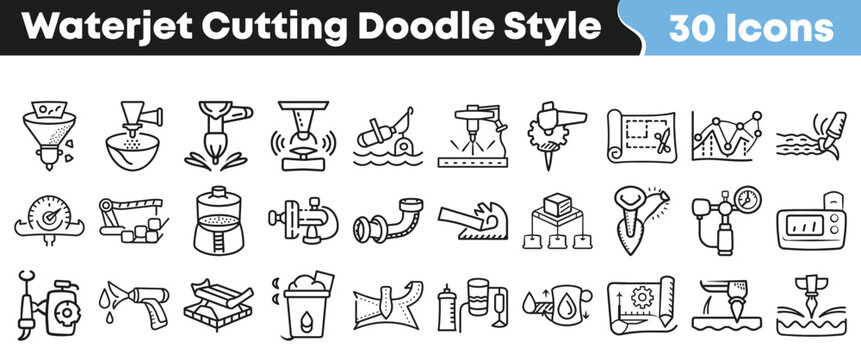 Collection of black and white waterjet cutting machine doodle icons