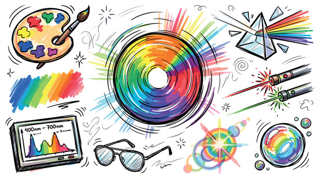 Color spectrum and art tools vector icons with prism, palette and laser pointer for science presentation in vibrant doodle style