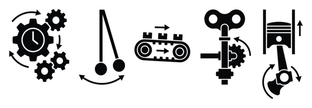 Set of mechanical system icons depicting motion, gears, time, and engine operations
