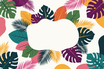 Naklejka premium Colorful tropical leaf frame featuring monstera and palm leaves around a blank white space, ideal for summer event invitations.