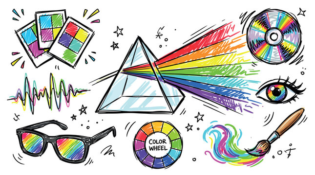 color theory and art concept icons with prism, color wheel and paintbrush for branding design in hand drawn sketch style