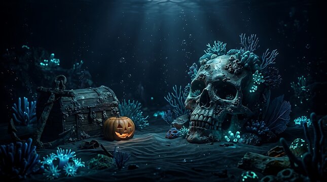 Underwater halloween scene with a glowing jack-o-lantern next to a large coral-encrusted skull and treasure chest.