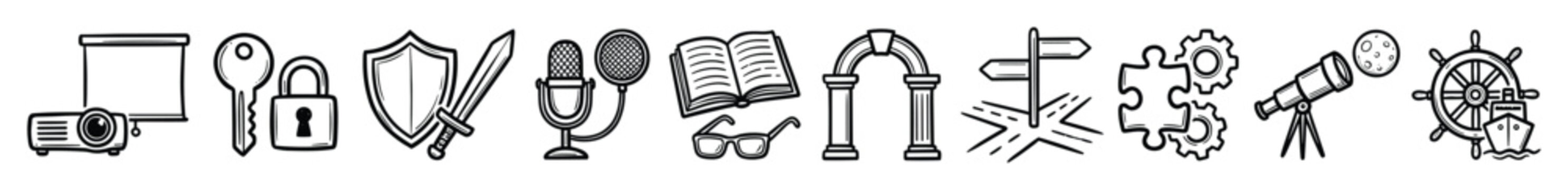 Set of universal outline icons for education business and technology projects