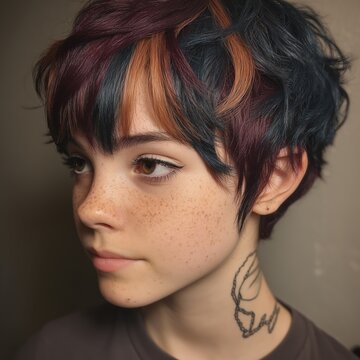 Close-up profile portrait of a young person with short multi-colored dyed hair and freckles with a visible neck tattoo looking downwards Concept of rebellion and creative style