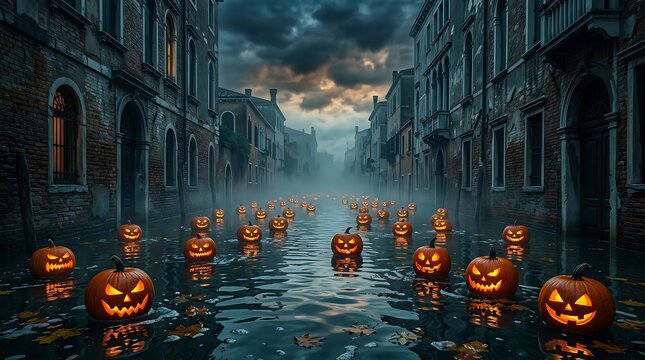 Halloween glowing jack o lantern pumpkins floating in flooded venetian canal street with historic buildings under clouds.