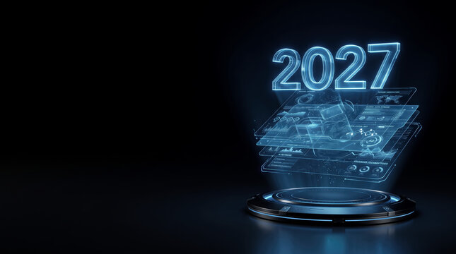 Futuristic Digital Interface Displaying 2027 with Holographic Effects