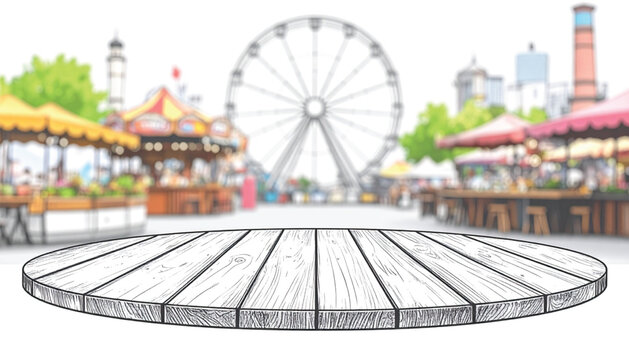 Hand-drawn vector illustration of a rustic wooden tabletop in perspective, with blurred background of cafe or restaurant interior