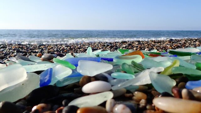 Sea glass, Pieces of sea glass isolated on white background, Green pieces of glass polished by the sea closeup background. A pile of natural beach glass, Multi colored pieces of polished glass. Colore