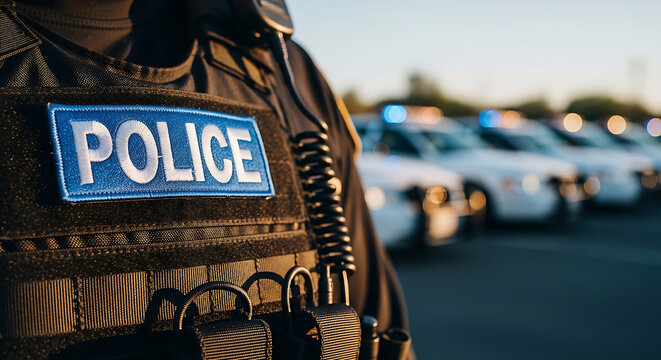 Professional police officer in a tactical vest and uniform on patrol duty with squad cars