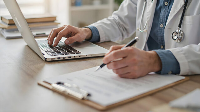 Medical wearing a white lab coat with a stethoscope typing on a laptop and writing on a clipboard at a wooden office desk