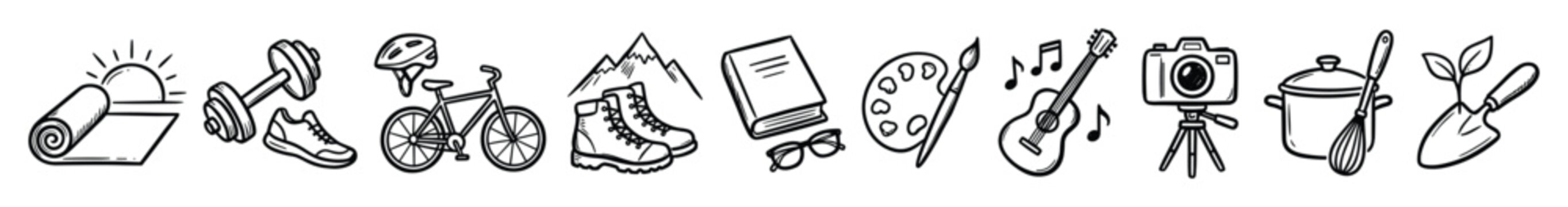 Set of hand drawn hobby and recreation icons illustrating various leisure activities
