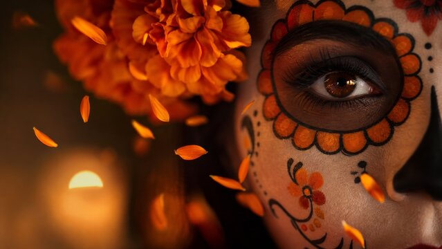 Close-up of a woman with traditional Day of the Dead (Dia de los Muertos) Catrina face paint, vibrant marigold flowers, and falling petals against a warm, moody candlelit background.